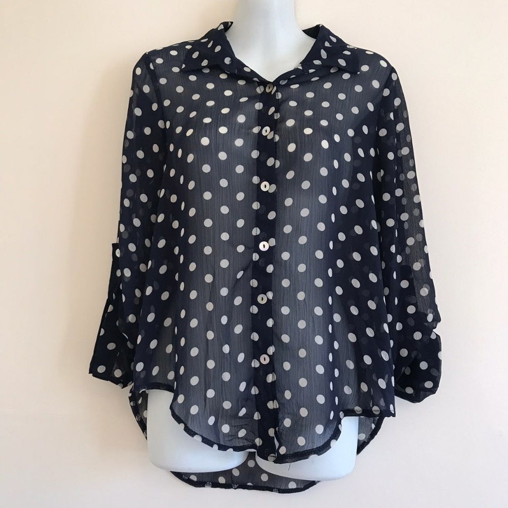 High Low Sheer Polka Dot Button Up Top Shirt Size Small